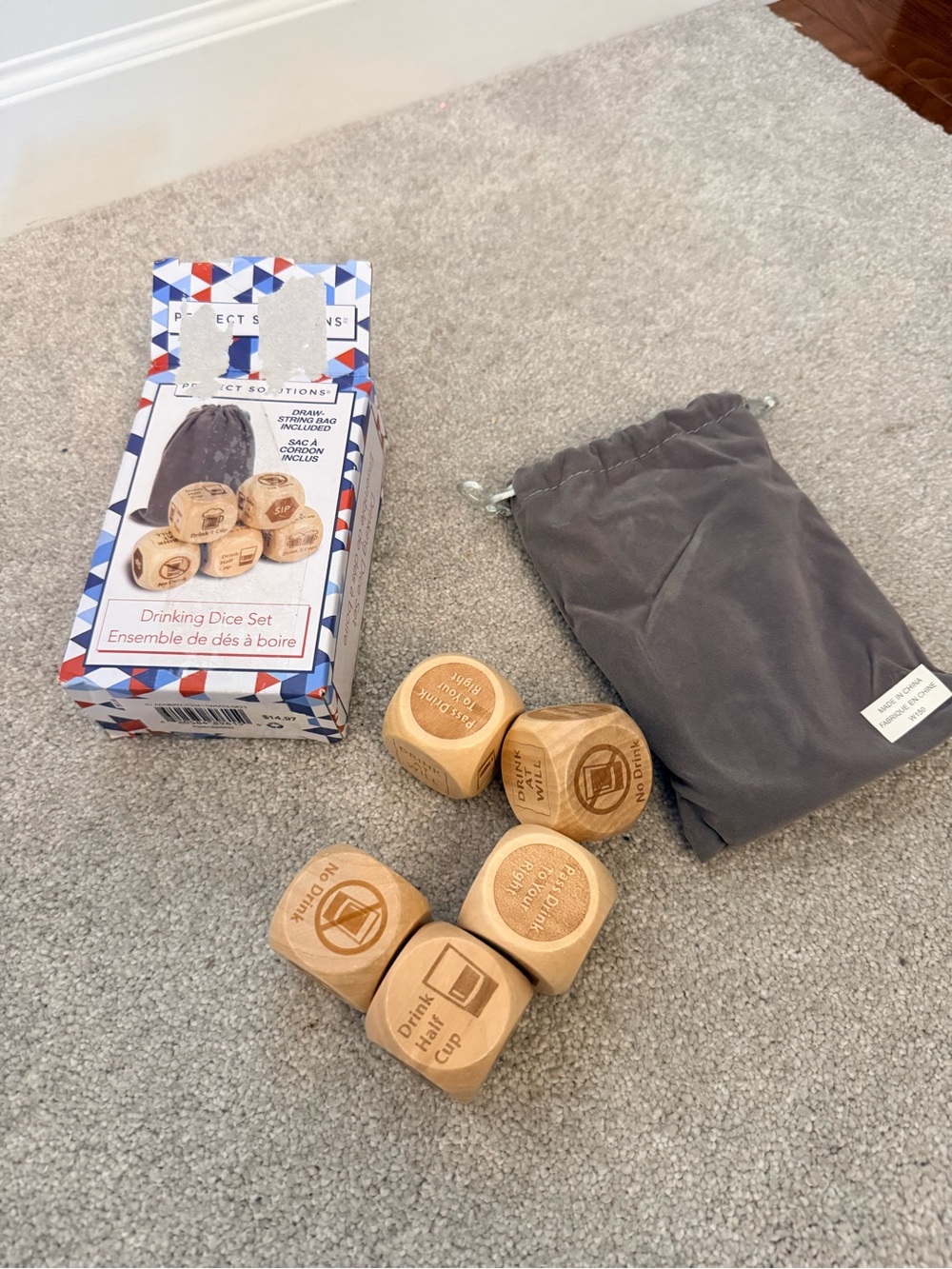 Drinking Dice Set - Natural Wood with Gray Pouch